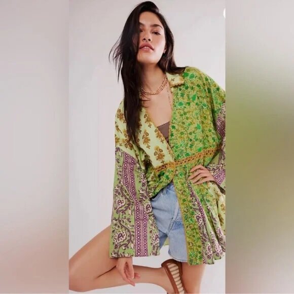 039 Free People Hazy Baby Boho Mini Dress Sweet Mint NWT Oversized Size XS - Picture 4 of 11